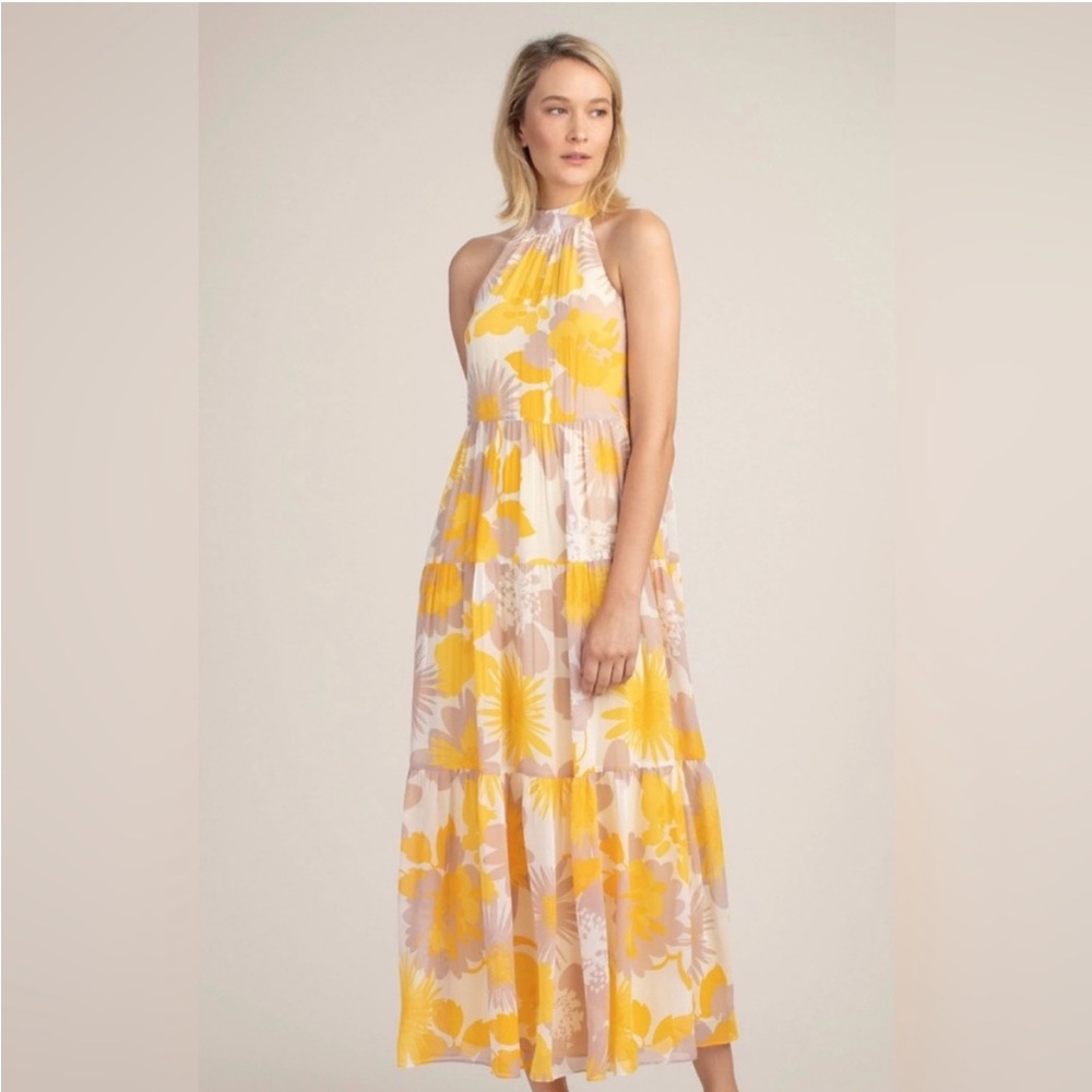 Trina Turk Sunglasses Maxi High Neck Sleeveless Tiered Dress Yellow Floral Sz 6